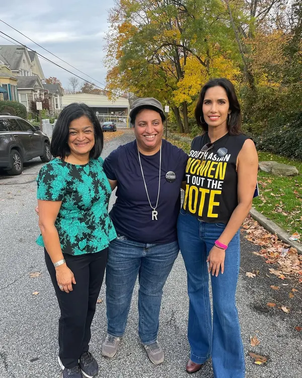On the ground in Philadelphia with Padma Lakshmi and Meena Harris doing get-out-the-vote work. My activism extends beyond the DJ booth into direct community organizing and civic engagement.