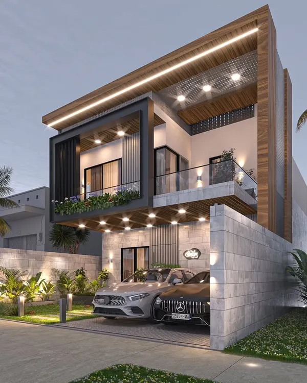 This 3D render showcases our vision for a contemporary villa, where a cantilevered upper floor creates a dynamic shape. We've used a mix of wood paneling, stone cladding, and integrated lighting to give the facade depth and warmth.