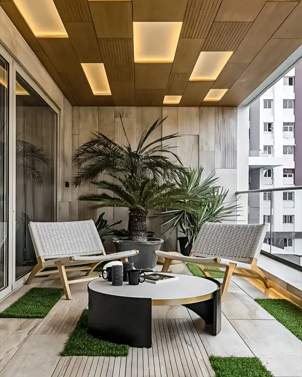 A modern and chic balcony featuring stylish woven chairs and a coffee table. We used wood paneling on the ceiling with inset rectangular lights to create a warm and sophisticated ambiance for evening relaxation.
