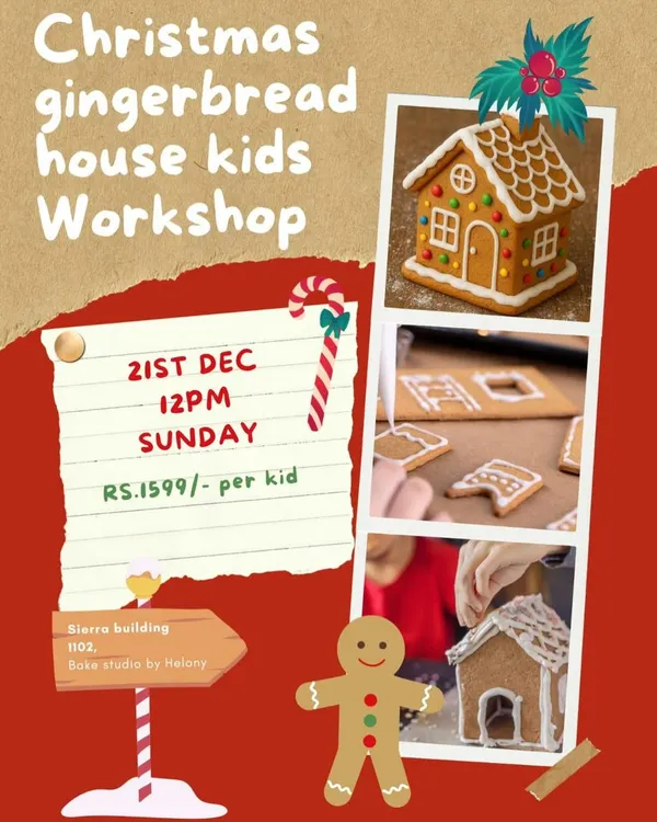 Get ready for some holiday fun! This poster announces our Christmas gingerbread house workshop, a favorite among my little bakers where they get to build and decorate their own festive treat.