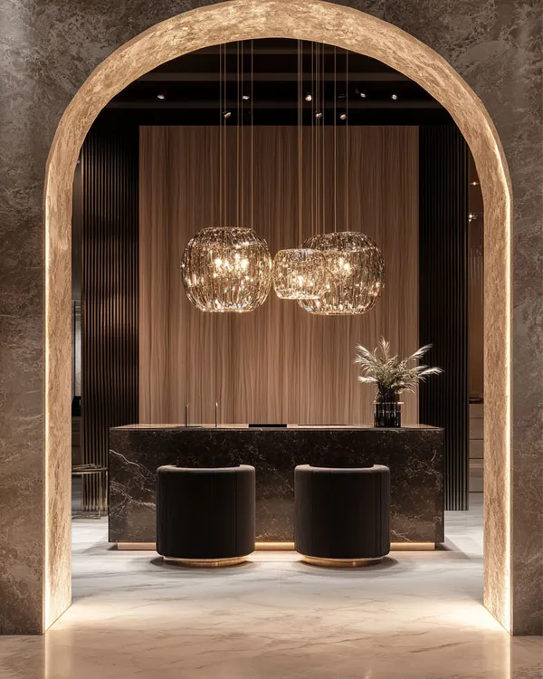 Framed by a grand archway, this cluster of textured glass chandeliers creates an immediate sense of luxury in a reception area. The warm light and intricate design offer a welcoming yet opulent first impression.