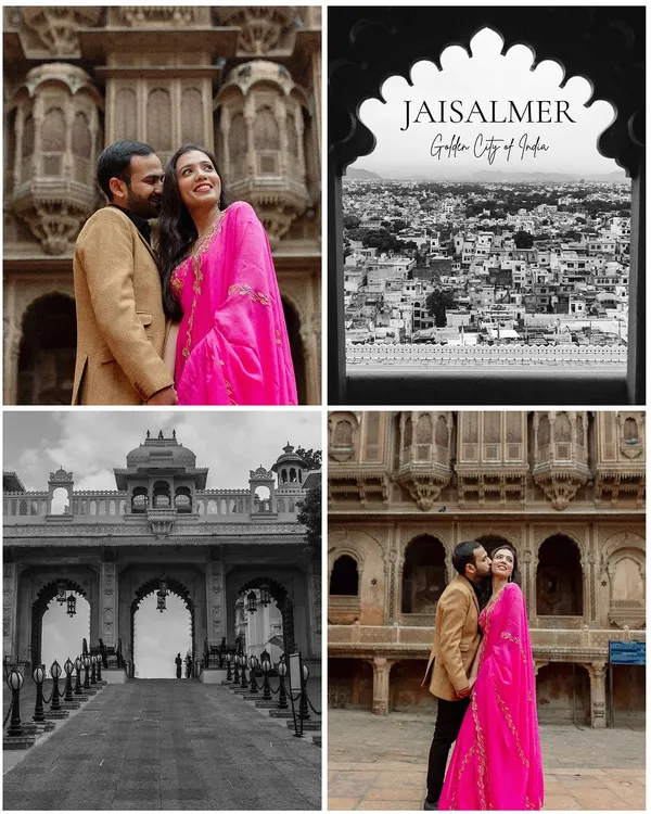 A collage that tells the story of a pre-wedding shoot in Jaisalmer, the Golden City. It combines grand architectural shots with intimate moments, capturing the city's romantic essence and the couple's connection.