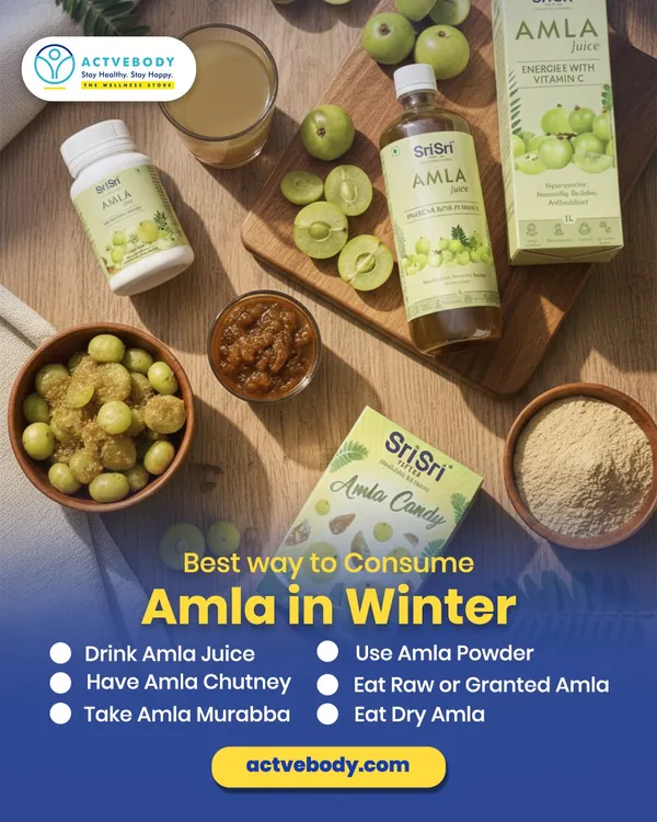Amla is a winter superfruit, and here are the best ways to enjoy it. This flat lay shows different forms like juice, powder, and candy from Sri Sri Tattva, making it easy to get your daily dose of Vitamin C and boost immunity.