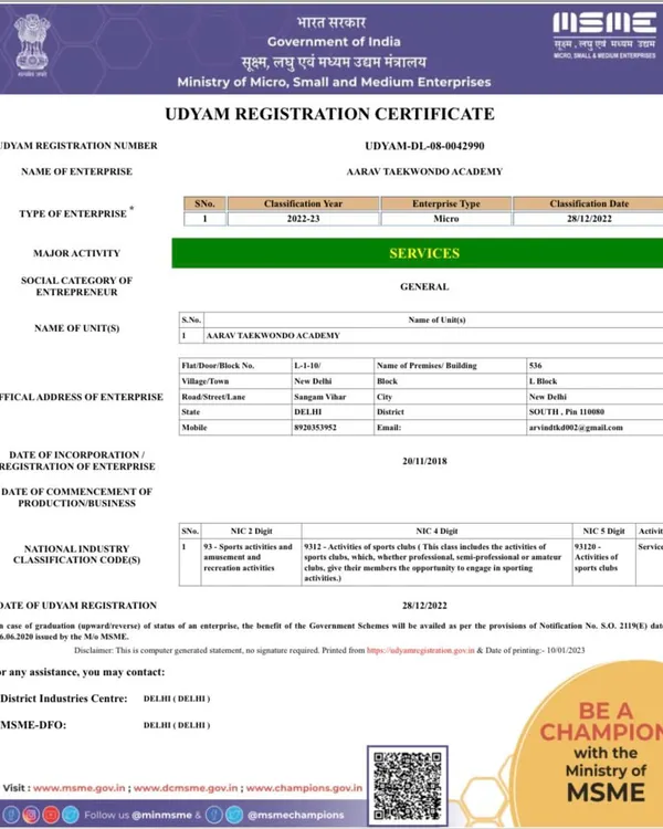 Aarav Taekwondo Academy is officially registered with the Government of India under MSME. This is our Udyam Registration Certificate, ensuring our credibility.