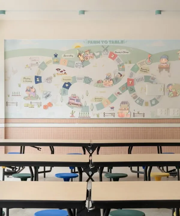 The "Farm to Table" mural in the dining hall is a visual board game that teaches children about where their food comes from. It’s a playful and engaging way to instill an appreciation for food and farming.