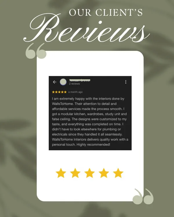 "I am extremely happy with the interiors done by WallsToHome." We are thrilled to receive such positive feedback about our attention to detail and seamless execution.