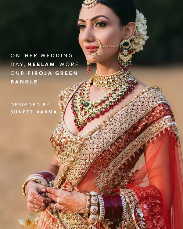 A bride's wedding day look is a story told in details. For Neelam, the Firoja Green Bangle was the perfect piece to complement her magnificent red lehenga, adding a touch of heritage and colour to her ensemble.