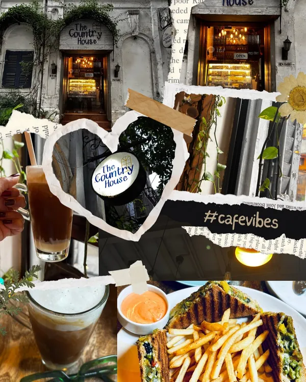 A beautiful collage capturing the vibe of 'The Country House' cafe, featuring coffee, sandwiches, and the charming exterior. It’s a perfect summary of a cafe experience.