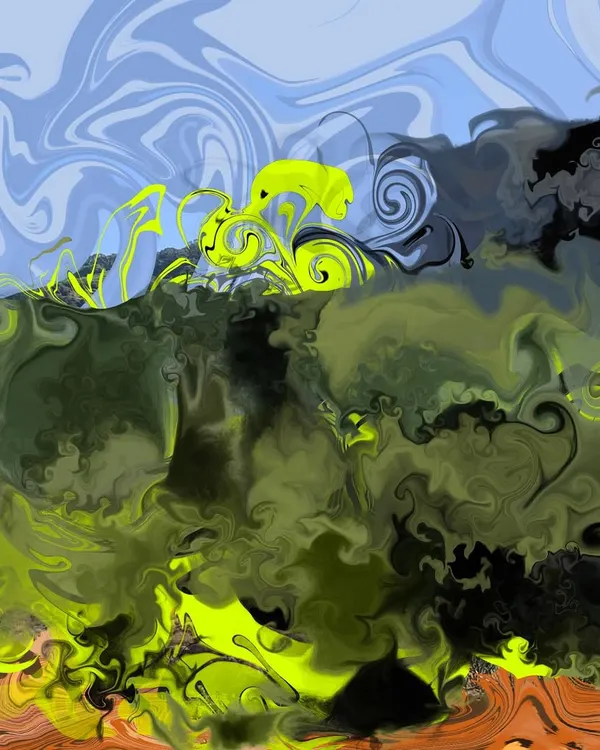 Another piece from my 'DelicScape' series, showing a different perspective of the abstract landscape. Here, the sky is a swirling blue, and the neon green foliage is more prominent, creating a vibrant, psychedelic vision of nature.