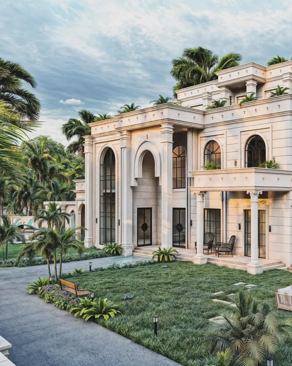 This rendering of a classical farmhouse, designed by Ajay Mengi and Associates, captures the structure's stately presence. I focused on the soft morning light to accentuate the architectural details and the lush, tropical landscaping, creating a vision of serene opulence.