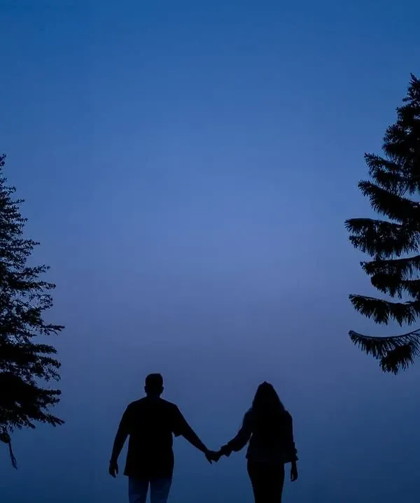 A couple silhouetted against the deep blue of twilight. This moody and atmospheric shot, framed by trees, evokes a sense of quiet togetherness in a vast, cinematic landscape.