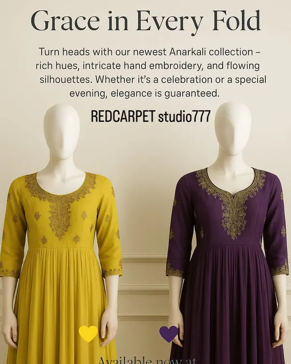A promotional image for my "Grace in Every Fold" Anarkali collection. It showcases the elegant silhouettes and intricate hand embroidery on the necklines of both the lime yellow and deep purple Anarkali suits.