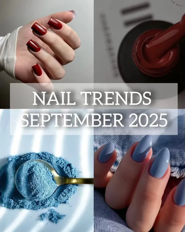 A mood board for September 2025 nail trends, featuring deep reds and dusty blues.