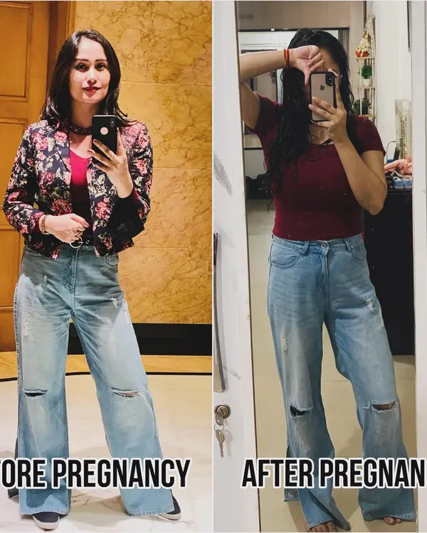 Happiness is fitting back into your old favorite jeans. This before and after pregnancy photo shows the result of a consistent postpartum fitness plan and proves that you can get your pre-baby body back the right way.