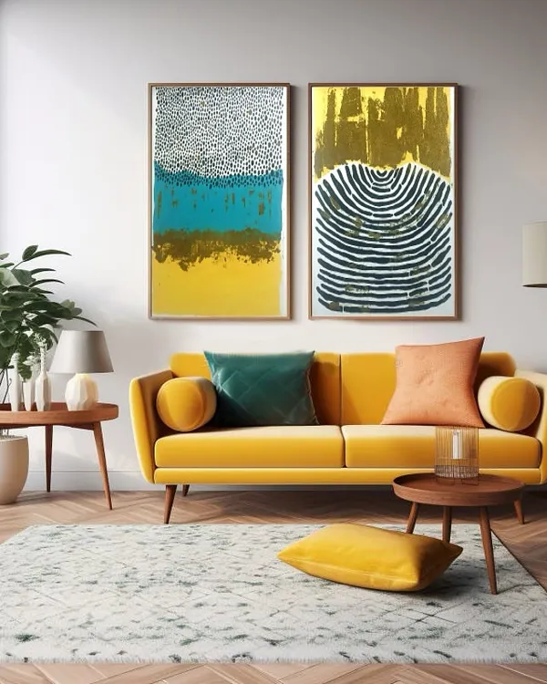 This is how art transforms a house into a home. I created this pair of modern abstract canvases for a client's living room, designing them to complement the vibrant yellow sofa and bring a sense of calm, contemporary energy to the space.