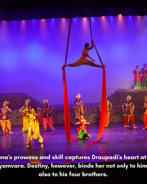This moment from our production 'Krishnaa - Fire to Frost' captures the blend of classical grace and modern theatricality that defines my work. We use elements like aerial silk to create breathtaking visuals and bring epic stories to life in a way you have never seen before.