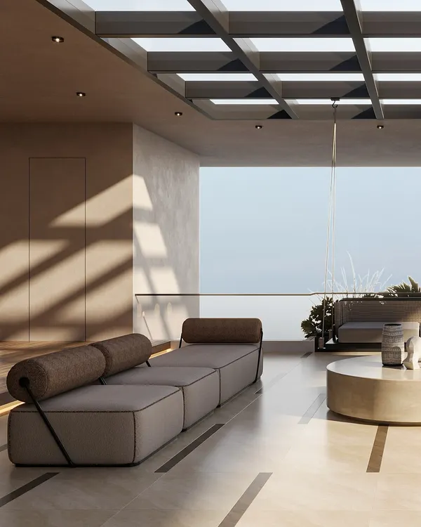 We design homes that connect you with the world outside. This open terrace, with its expansive views and seamless flow, is crafted as a tranquil escape in the sky, blending refined elegance with the calming presence of natural light and open air.