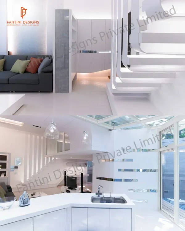 This collage shows how we use a white-on-white theme to create a bright and spacious feel in this duplex apartment, connecting the living area, kitchen, and staircase.