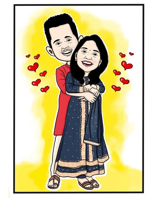 A romantic couple caricature showing a warm embrace, perfect for an anniversary or Valentine's Day gift. The hearts add a touch of playful affection.