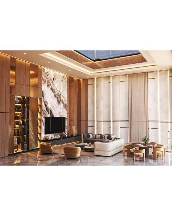 A grand living room where we used a combination of wood and marble paneling with integrated backlighting. The design creates a sense of warmth and opulence, perfect for a statement living area.