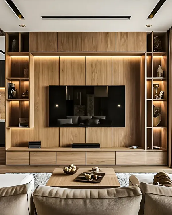 A closer look at this expansive TV unit, showcasing the warm wood tones and integrated backlighting that creates a cozy ambiance for movie nights.