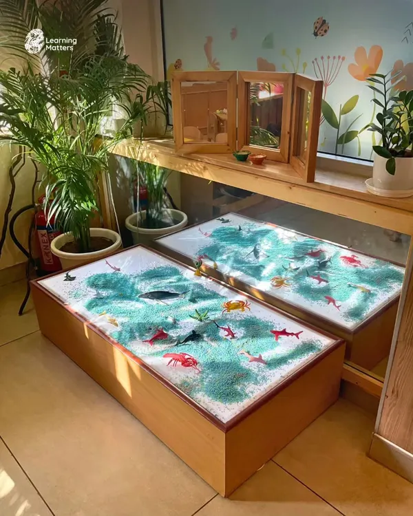 This ocean-themed light table is an invitation to quiet exploration. With soft textures, cool tones, and hidden sea creatures, it encourages calm, focused sensory play where a child can feel, imagine, and connect at their own pace.