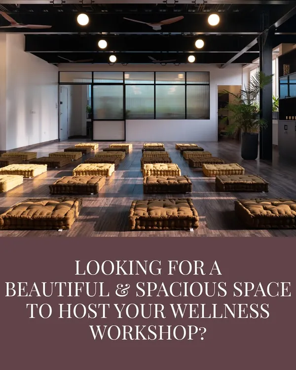 This is the view that greets you in our main studio, a beautiful and spacious room ready to host your next wellness workshop. The floor cushions are arranged for a group circle, but the flexible layout can be adapted to suit any event format you envision.