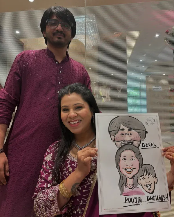 A beautiful family of three posing with their custom caricature. These portraits are a fun way to capture a family's love and personality.