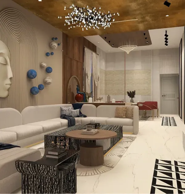 A complete view of the Noida penthouse living room, where a gold-leaf ceiling, a sculptural feature wall, and plush, modern furniture create a space that is both grand and welcoming.