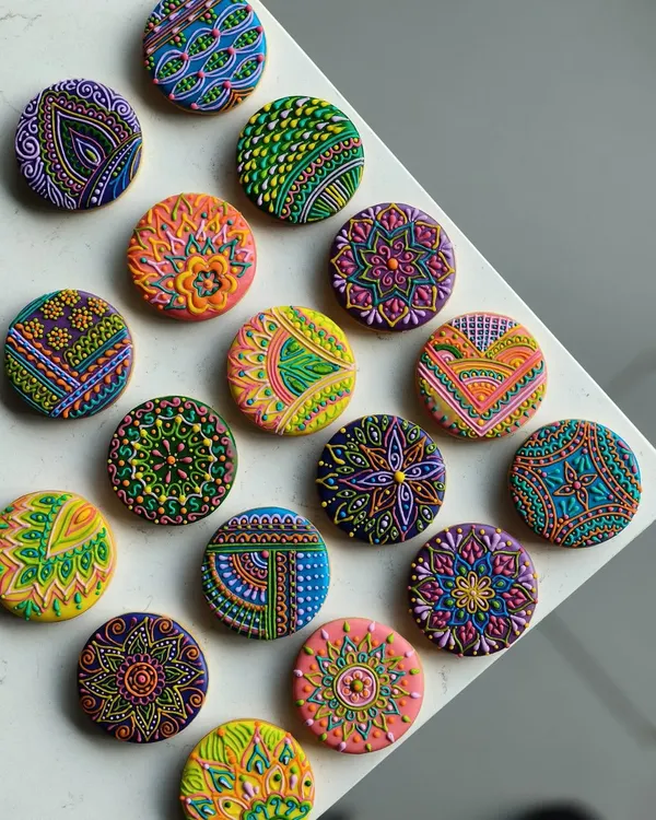 A collection of our intricately decorated royal icing cookies. Each one is hand-piped with a unique, colourful mandala-style pattern. They are like tiny, edible pieces of art.
