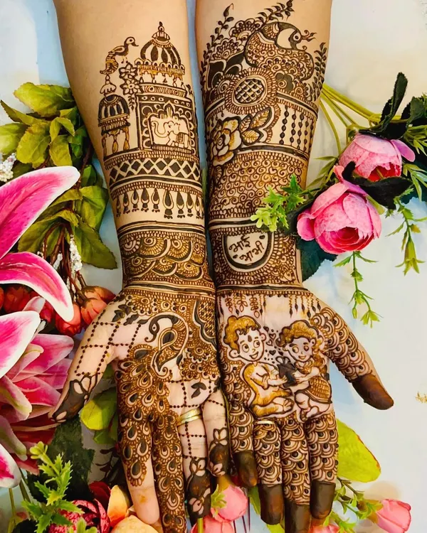 This Rakshabandhan design tells a story of sibling love. One arm features a brother and sister, while the other showcases a grand palace scene, blending personal moments with intricate art.
