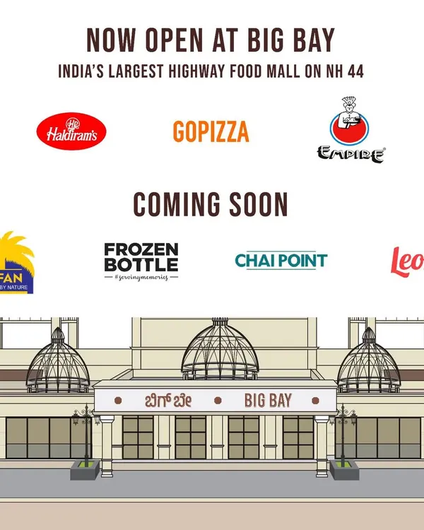 This graphic illustrates the world of choice at Big Bay, showing the logos of brands that are now open and coming soon, like Starbucks, KFC, and Chai Point.