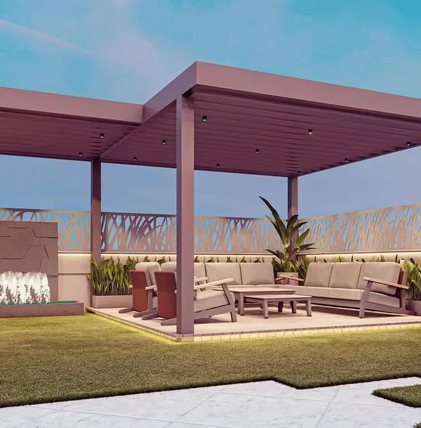 A 3D render of a luxurious terrace design, featuring a modern pergola sheltering a comfortable seating area. The design incorporates an outdoor fireplace, creating a warm and inviting focal point for evening gatherings.
