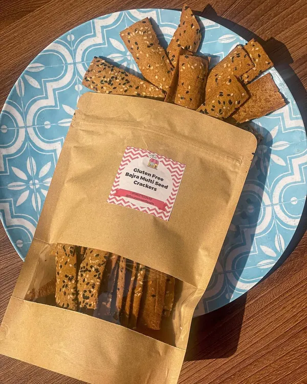 My gluten-free Bajra Multi-seed Crackers are packed with healthy seeds and have a wonderful crunch. They are vegan and baked, not fried.
