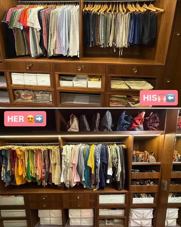 His side, her side. Our job is to make sure both function perfectly. In this walk-in closet, we created distinct but complementary zones for the couple, ensuring each person has a system tailored to their wardrobe.
