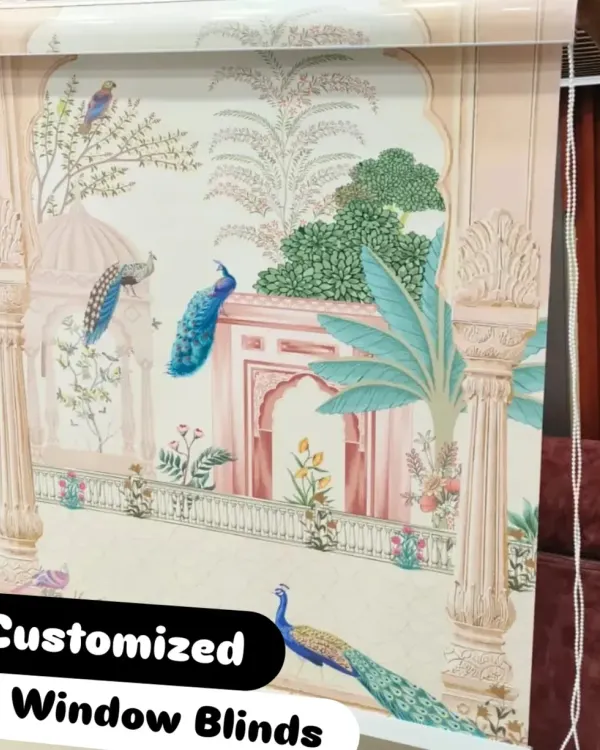 This custom printed roller blind features an intricate Pichwai art design, turning a simple window into a stunning piece of Indian heritage decor. It's a perfect example of how I can transform your space with personalized art.