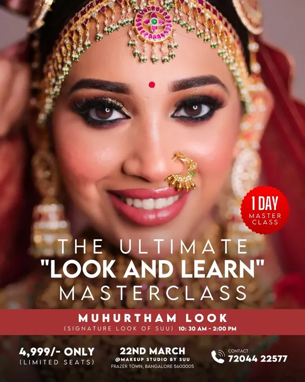 This poster for my signature Muhurtham Look masterclass shows the kind of specialized, in-demand bridal makeup techniques you can learn with me. It's a deep dive into creating a flawless, traditional, and long-lasting look for a bride's most important day.