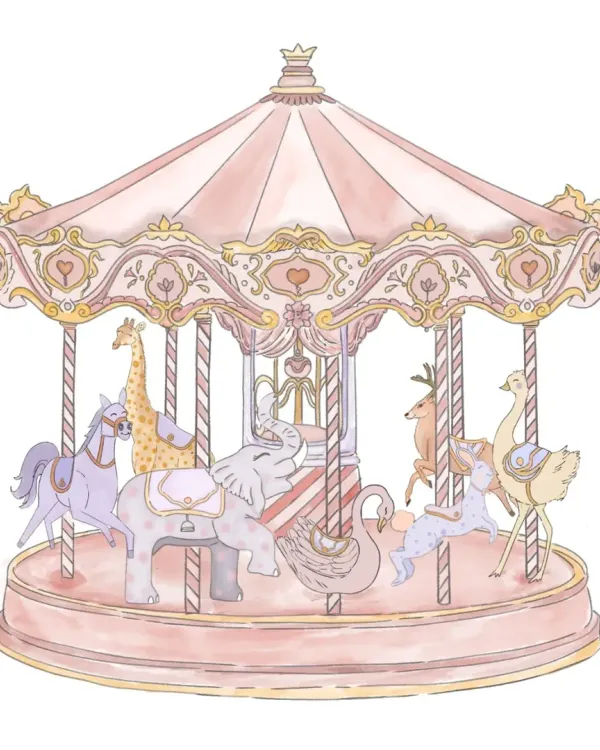The final illustration for our whimsical carousel-themed baby announcement. This piece was a true labor of love, with each animal hand-drawn in a soft watercolor style to create a magical and sweet design.