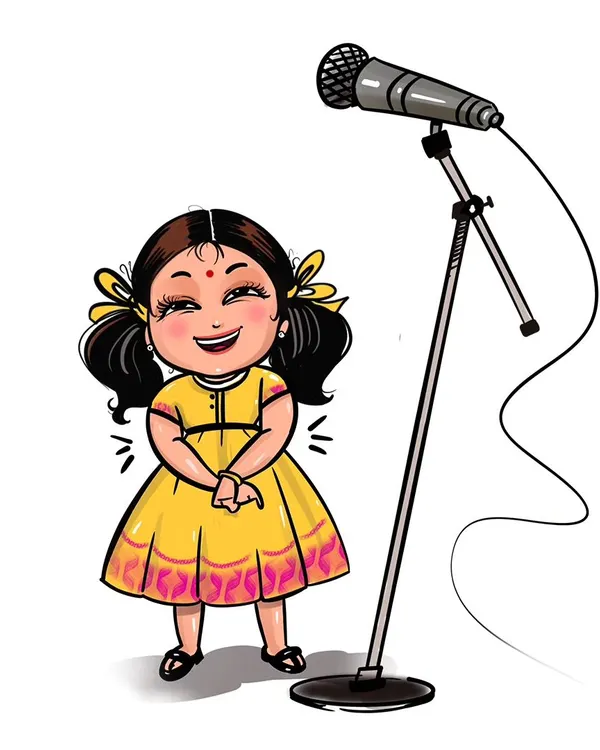 The primary character illustration for Aiyyo Shradha, showing her happy and ready to perform. This avatar was designed to be versatile for various promotional uses.