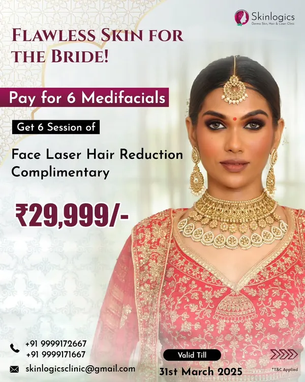 A special bridal offer for flawless skin. This package includes 6 Medifacials with 6 complimentary sessions of Face Laser Hair Reduction, designed to get you ready for your big day.