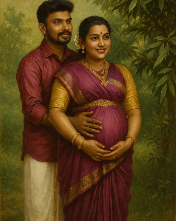 A portrait that feels like a painting, capturing the serene beauty of motherhood in a traditional saree. This is inspired by the timeless art of Ravi Varma, bringing a classic aesthetic to your maternity photos.