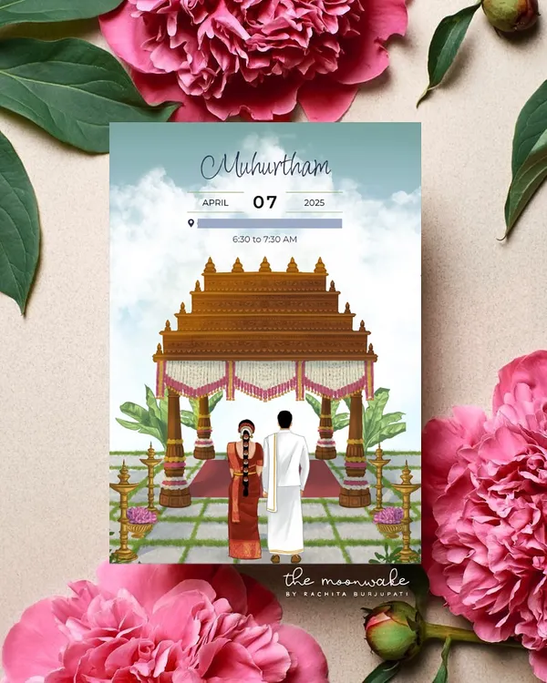 This custom South Indian wedding invitation captures the sacredness of the Muhurtham ceremony, complete with a detailed temple gopuram and traditional elements. I love creating art that feels both personal and timeless.