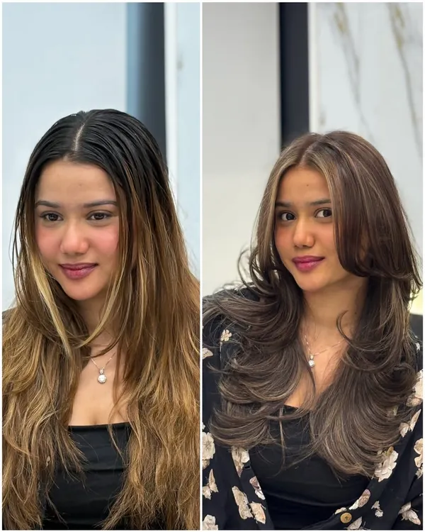 This client came in with grown-out, brassy color. I did a full color correction to a rich, cool-toned brown with subtle highlights and gave her a fresh layered cut to frame her face.