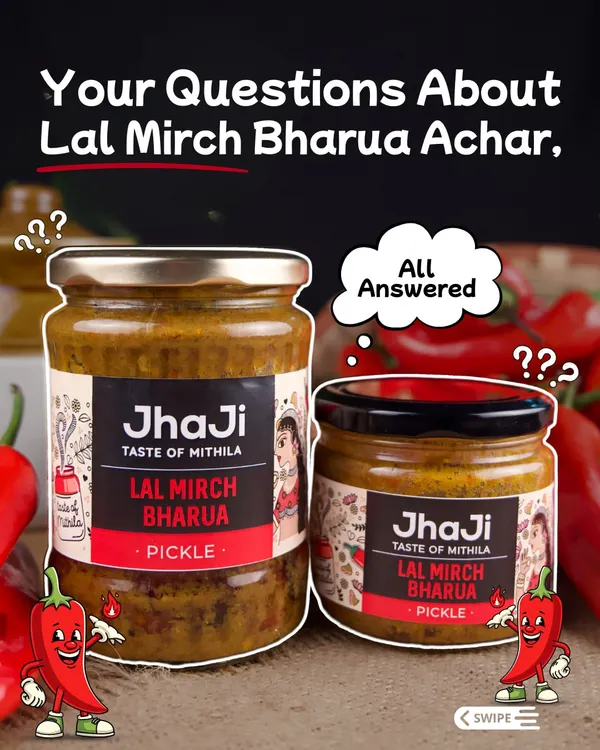 Your questions about our popular Lal Mirch Bharua Achar, all answered. Swipe through this carousel to learn about its spice level, the type of chilli we use, and the best ways to enjoy it.