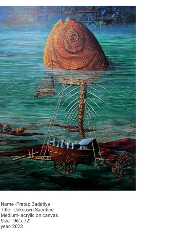This large acrylic on canvas, titled 'Unknown Sacrifice,' is a central piece in my exploration of subconscious struggle and ancestral memory. The surreal imagery of the fish skeleton and the cart floating in water represents the burdens and journeys of past generations that shape our present reality.