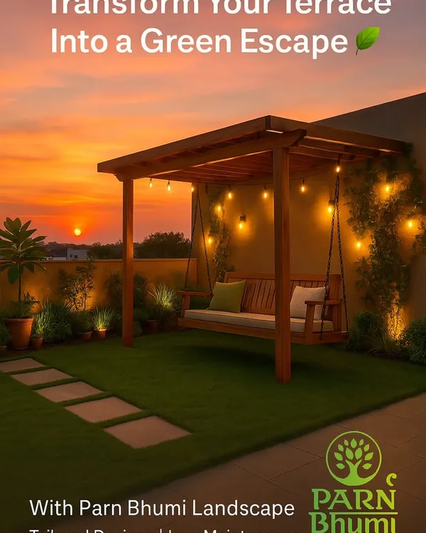 This is what I love to create: a personal green escape, right on your terrace. This project features a custom wooden pergola with warm string lighting, a comfortable swing for relaxing evenings, and a low-maintenance lawn, all set against a beautiful sunset. It’s a perfect example of how I can transform an urban space into a peaceful retreat.