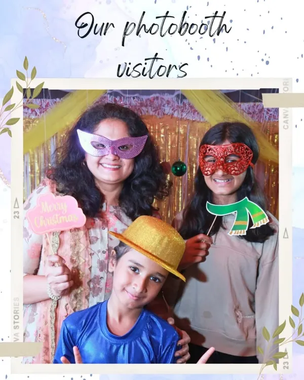 A family having fun with masks and props at our live photobooth. It's a great way for guests of all ages to let loose and create fun memories.