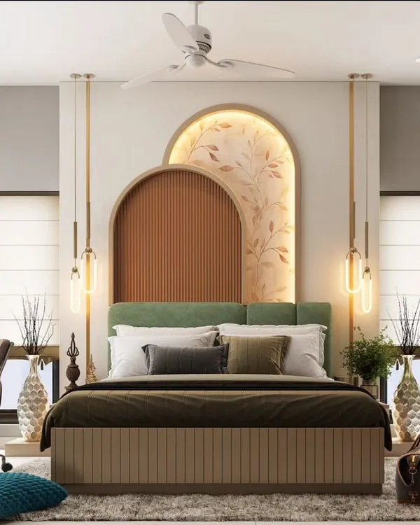 This bedroom concept features a unique double-arched headboard with integrated backlighting and botanical motifs. The design combines modern shapes with natural elements for a refreshing and stylish look.
