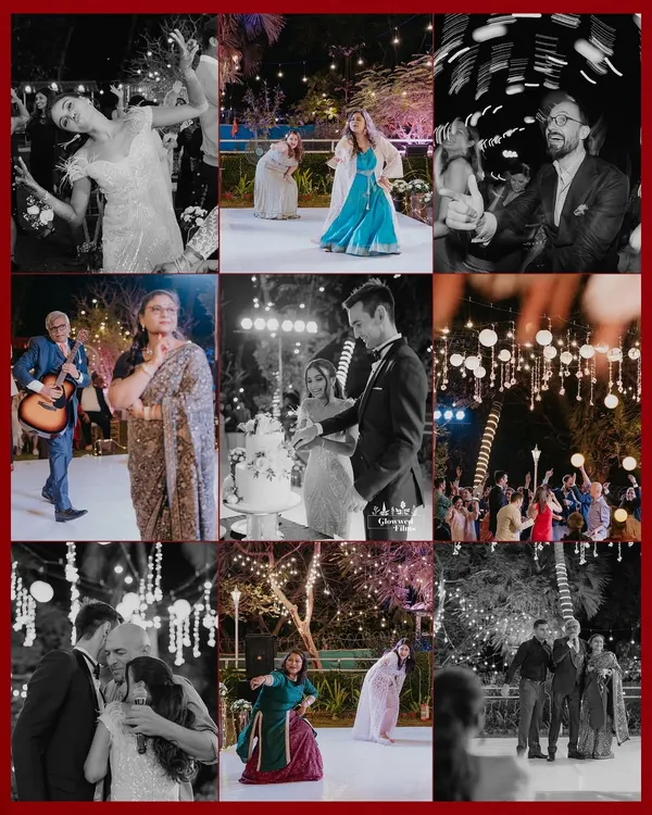 A collage capturing the magical ambiance of Anuradha and Thomas's cocktail night, filled with dancing, music, and twinkling lights.