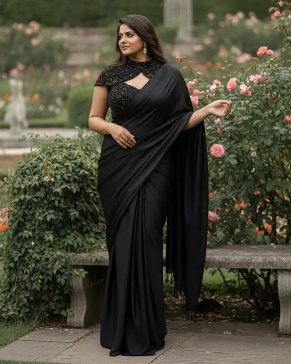 This black pre-draped saree is the definition of chic. The embellished blouse and easy-to-wear style make it a go-to for any modern event.